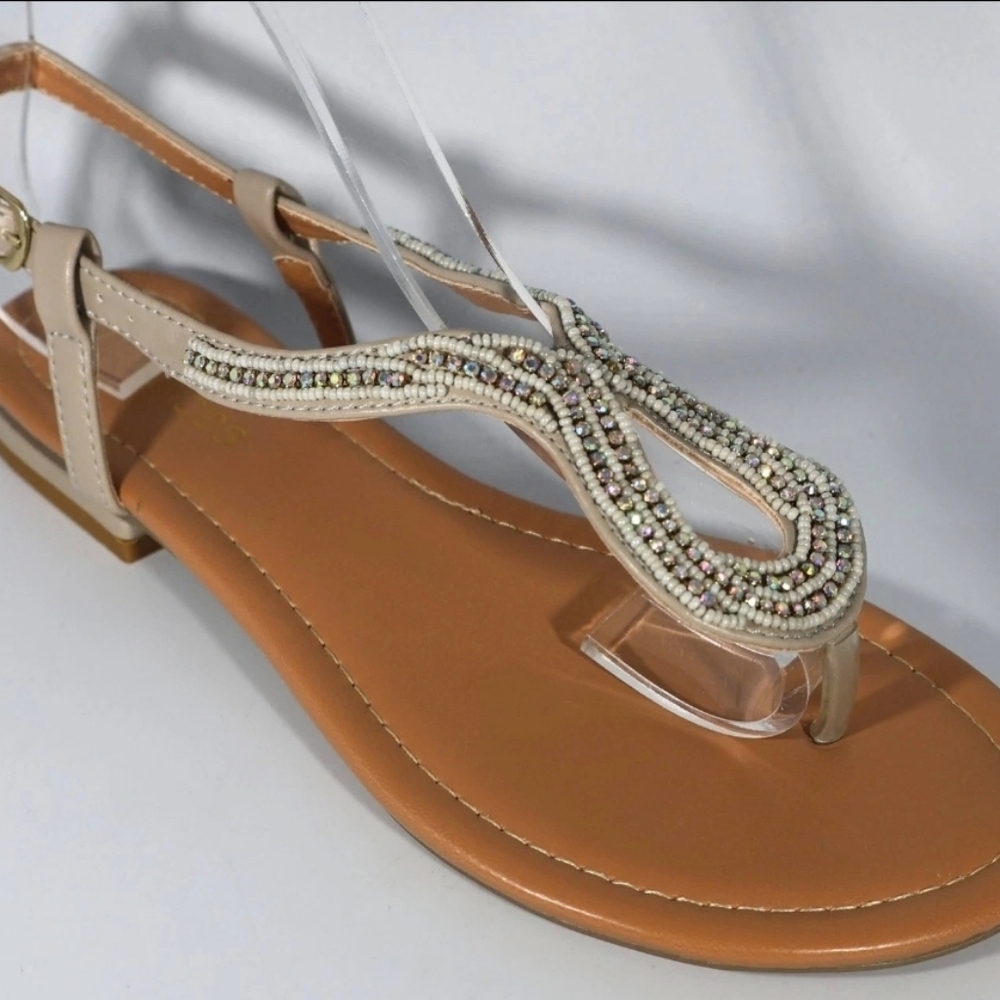 Maurices Beaded Women's Fashion Thong Strappy Sandals, Beige Size 7